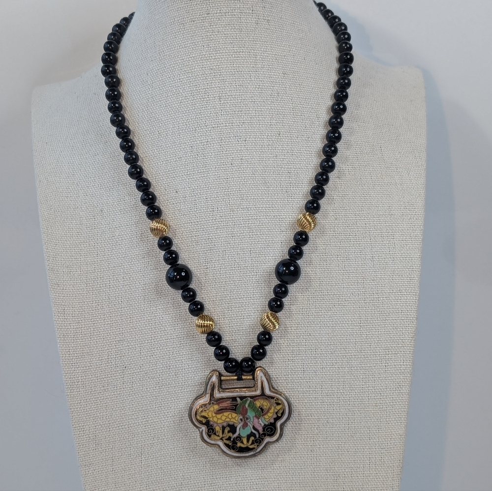 Vintage 925 Les Bernard Obsidian & Cloisonne Sterling Gold Necklace - Estate